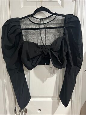 Pomelo Black Puff-Sleeve Sheer Dot Back Tie-Front Crop Top